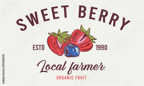 Strawberry and blueberry t shirt design. Hand drawn lettering design. Fruit slogan design. Fresh and tasty fruit. Local berry farm.