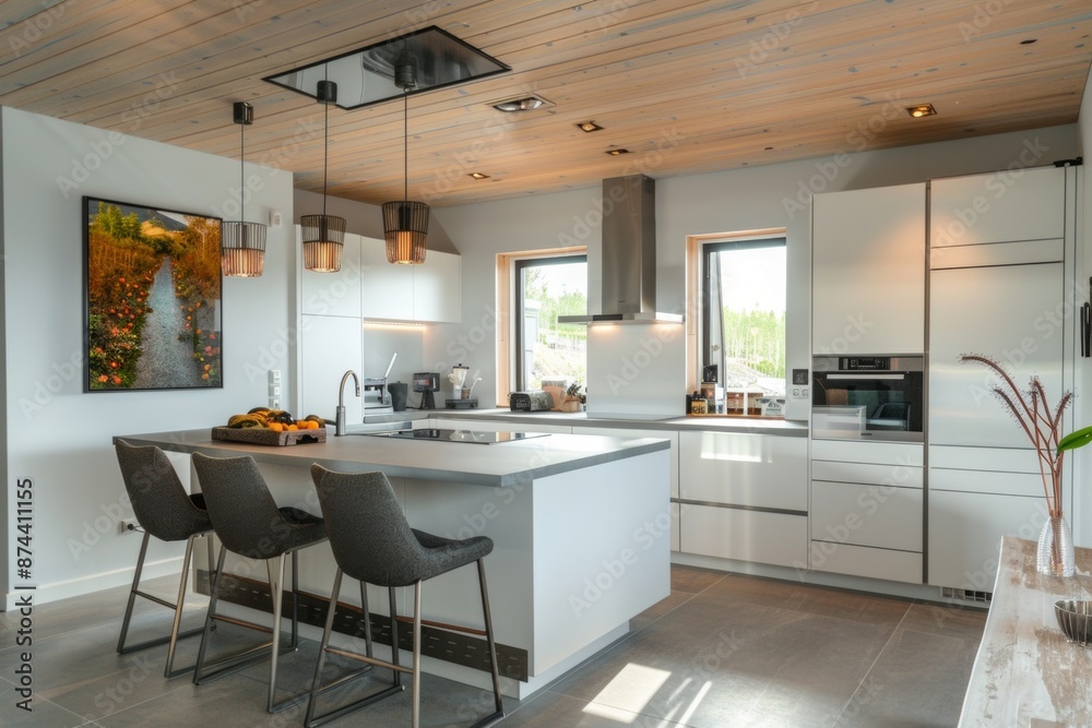 interior, kitchen in Scandinavian hygge architectural style, clean modern design featuring grey and white color scheme, beautiful light interior, kitchen in Scandinavian hygge architectural style, clean modern design featuring grey and white color scheme, beautiful light