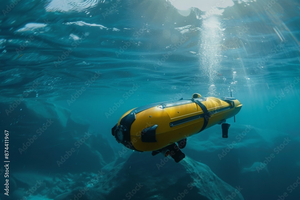 High-tech autonomous underwater vehicle on a clean surface, showcasing its advanced design and capabilities for underwater exploration High-tech autonomous underwater vehicle on a clean surface, showcasing its advanced design and capabilities for underwater exploration