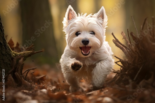 Exuberant westie dog enjoys a playful run among fall leaves in a forest setting