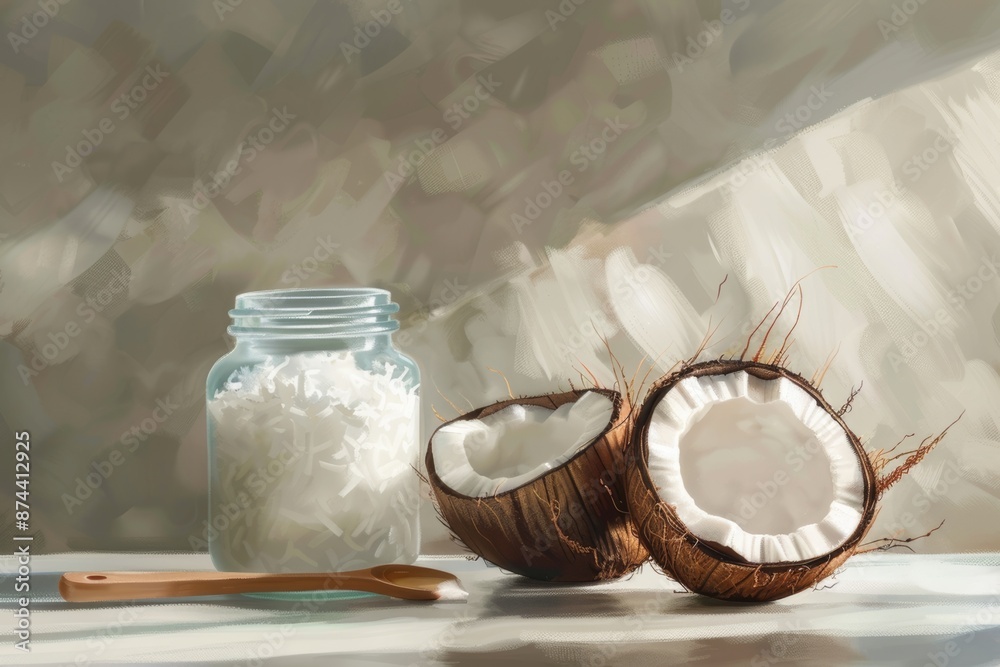 glass jar with coconut oil and chopped coconut on the table, copy space