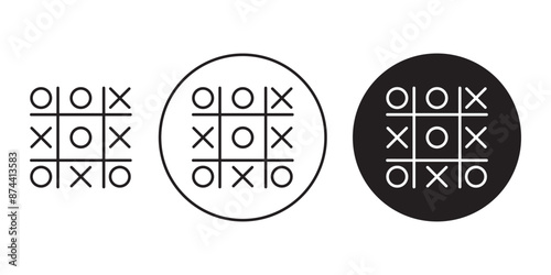 Tic tac toe icon set. Cross and tick kids game in black, O X game symbol. Vector illustration isolated on white background,