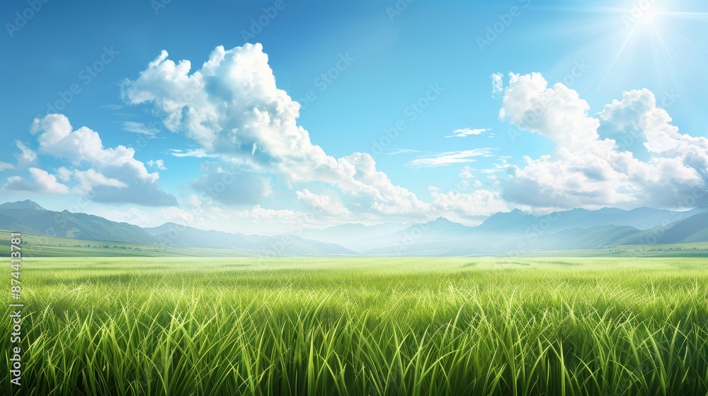 A large, open field with a bright blue sky and fluffy clouds