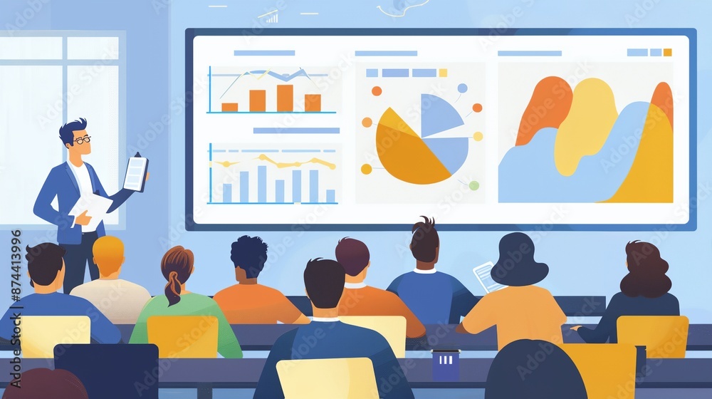 a man giving a presentation to a group of people in a classroom with a large screen in the background..