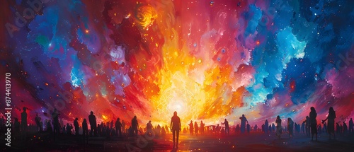 Enchanted Parade of Unity, A magical parade where symbols of unity float above the crowd, glowing with mystical energy. Describe the scene with vibrant details. Modern art, Furturism