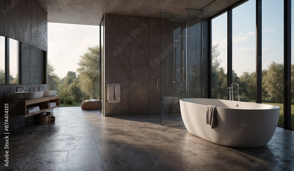 Modern bathroom with large windows and clean design. Modern bathroom with large windows and clean design.
