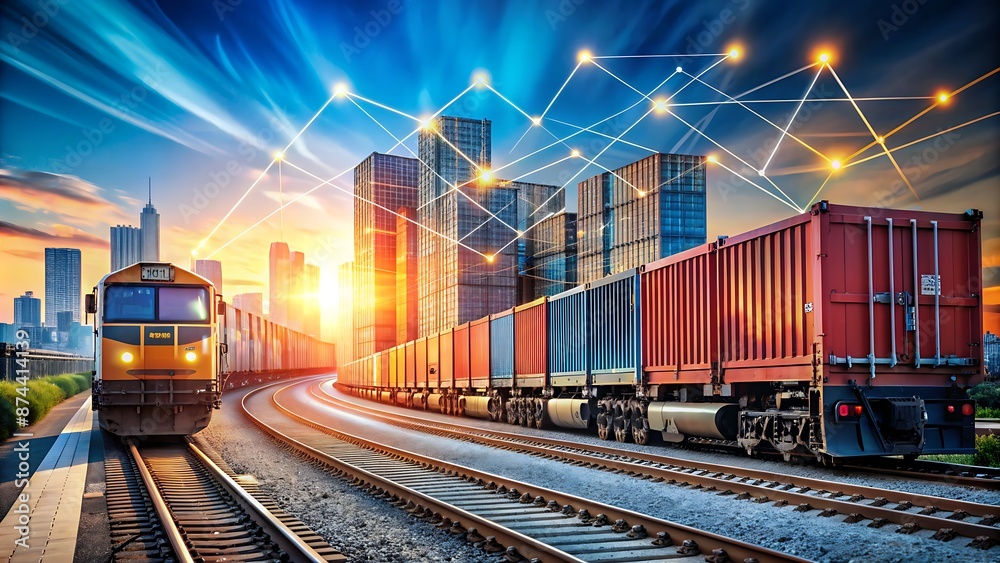 Freight train chugs along tracks overlaid with graphs, charts, and statistics, symbolizing efficient goods transportation and data-driven logistics management in modern supply chain networks. Freight train chugs along tracks overlaid with graphs, charts, and statistics, symbolizing efficient goods transportation and data-driven logistics management in modern supply chain networks.