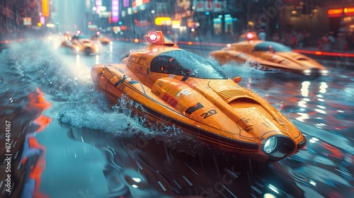 Cyber Life Boat Race, Futuristic boats race through a neon-lit river, celebrating the gift of life and organ donation. Cyberpunk Style, simple line