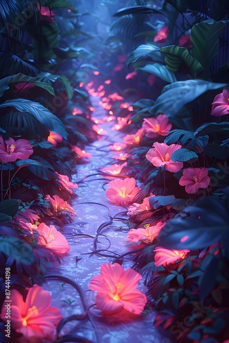 Carpet of Healing, A floral carpet glows under futuristic lights, symbolizing the healing power of surgery. Modern art, Hyperrealism