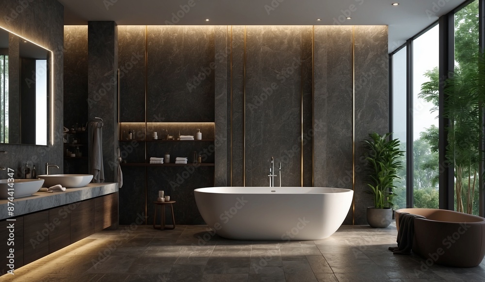 Elegant bathroom with dark walls and central tub Elegant bathroom with dark walls and central tub