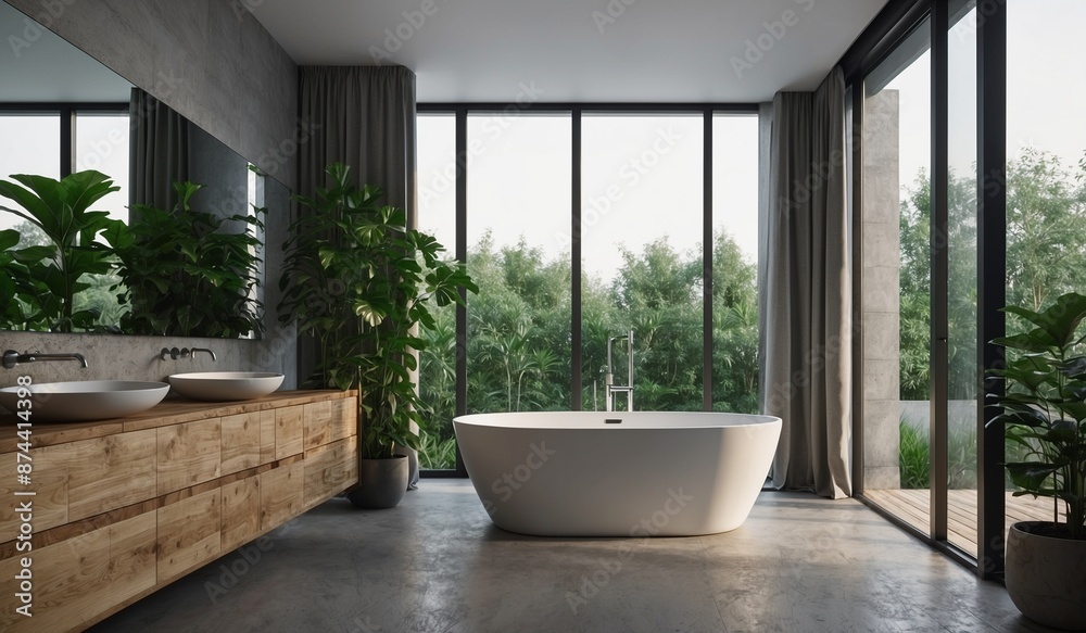 Modern bathroom with large windows and garden view Modern bathroom with large windows and garden view