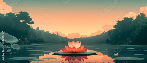 Serene Freedom, Imagine a scene where the serenity of a lotus pond represents the freedom celebrated on Patriot Day. graphic 2D, Minimalism