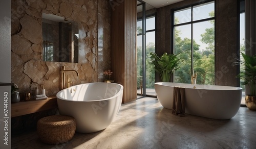Modern bathroom with luxurious design and nature view