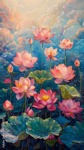 Blooming Flag, Envision a flag surrounded by blooming lotus flowers. Pointillism Art, nature light