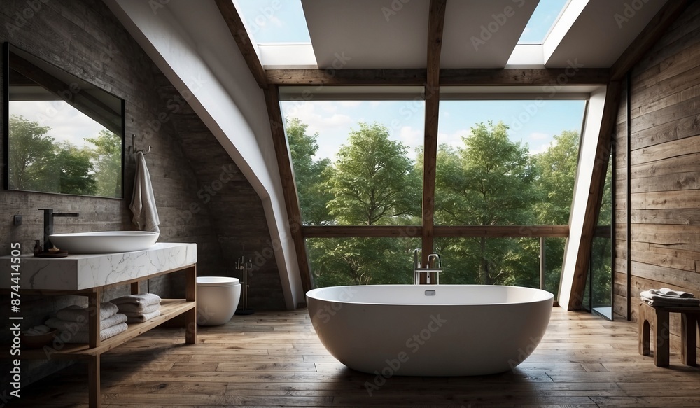Modern rustic bathroom with large skylight window view Modern rustic bathroom with large skylight window view