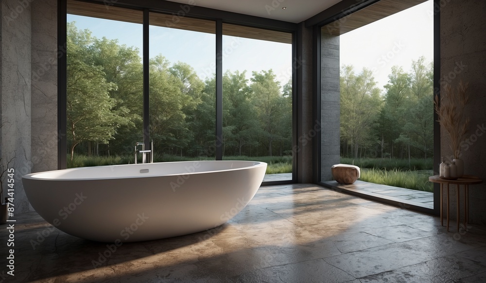 Serene bathroom with freestanding bathtub and forest view Serene bathroom with freestanding bathtub and forest view
