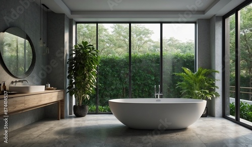 Modern bathroom with a white tub and large windows. © Heruvim