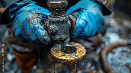 Closeup of Gloved Hands Adjusting a Metal Valve in a Factory Setting