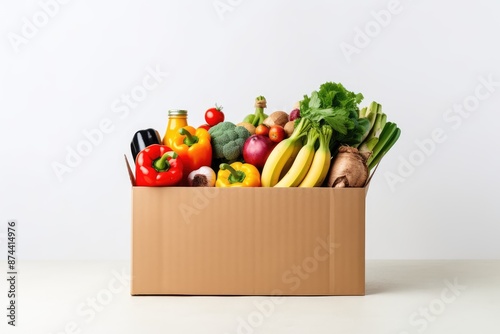 Box full of fresh organic food on white background. Food delivery concept.