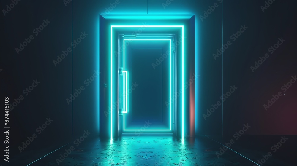 Futuristic digital door with glowing neon edges, set in a sleek metallic frame Futuristic digital door with glowing neon edges, set in a sleek metallic frame