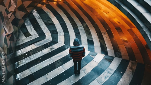 a person walking through a tunnel with a circular pattern on the floor