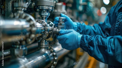 Closeup of Gloved Hands Adjusting a Metal Valve in a Factory Setting