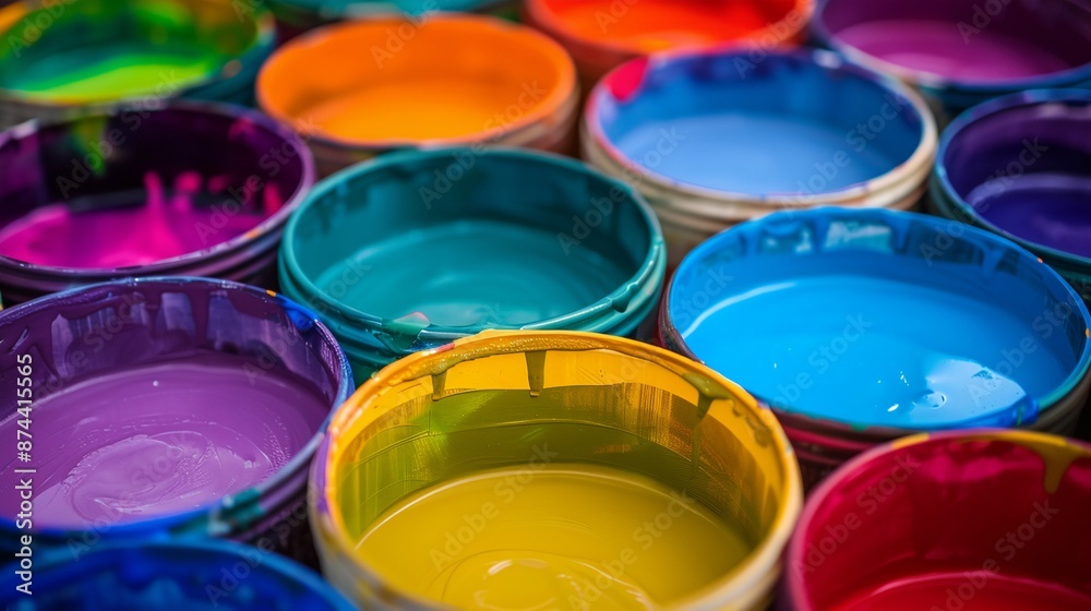 a bunch of buckets of different colors of paint on a table top a bunch of buckets of different colors of paint on a table top