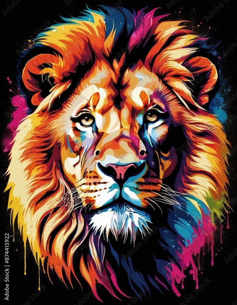 This artwork captures the power and regality of the lion, blending realism with abstract splashes of color for a striking effect This artwork captures the power and regality of the lion, blending realism with abstract splashes of color for a striking effect