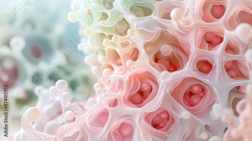 A colorful, abstract image of pink and white spheres