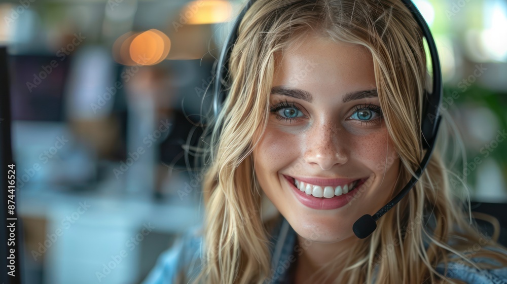 Smiling Blonde Call Center Operator in Headset Providing Assistance Smiling Blonde Call Center Operator in Headset Providing Assistance