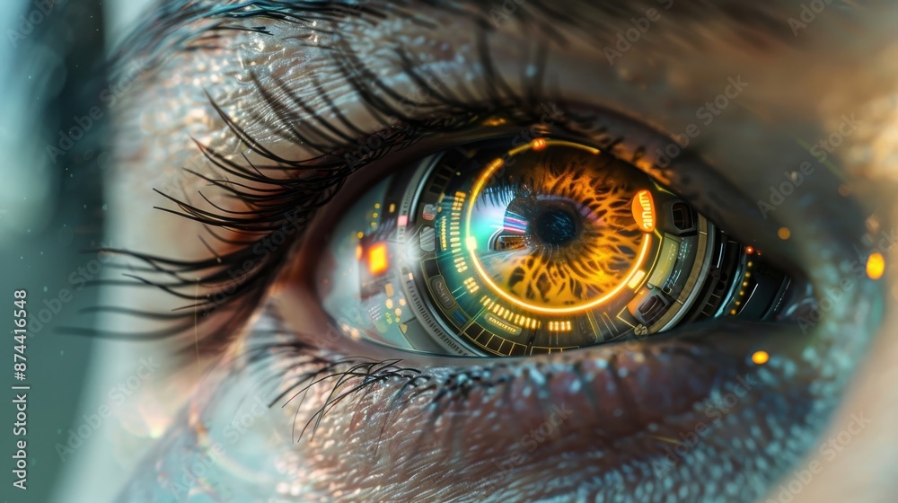 A close up of a person's eye with a yellowish glow A close up of a person's eye with a yellowish glow