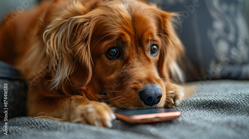 charming Golden Retriever lies on cozy blanket, looking surprised as it gazes at cell phone. The warm, indoor setting the dog's expressive face make this delightful, humorous moment © Ekaterina