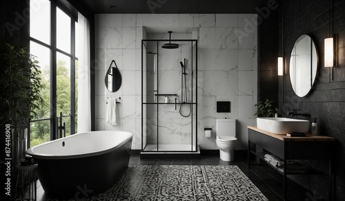 Contemporary bathroom with shower, tub, and large windows. photo