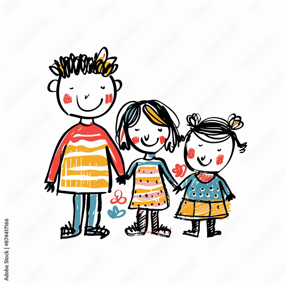 illustration of colorful hand drawn doodle of family with father and children holding hands isolated on white background illustration of colorful hand drawn doodle of family with father and children holding hands isolated on white background