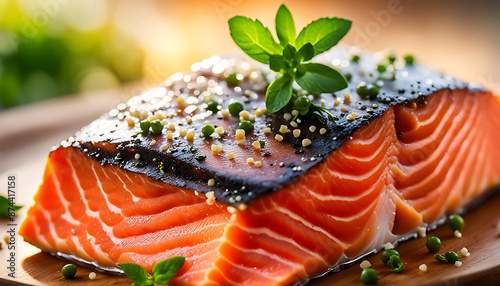 Lachs Filet Stücken mit Pfeffer Dill Zitrone Salz auf Holzbrett frisch zubereitet in Nahaufnahme, köstlich leckerer Fisch Zubereitung gebraten gegrillt gesunde Mahlzeit geräuchert köstliche Diät photo