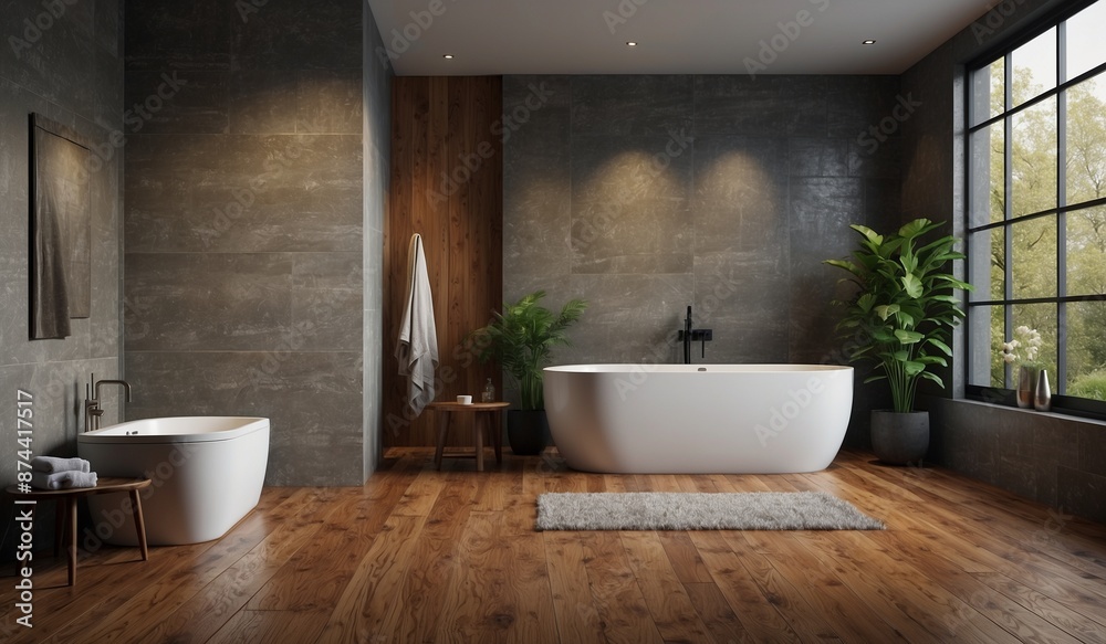 Modern bathroom with bathtub, wooden floors, plants Modern bathroom with bathtub, wooden floors, plants