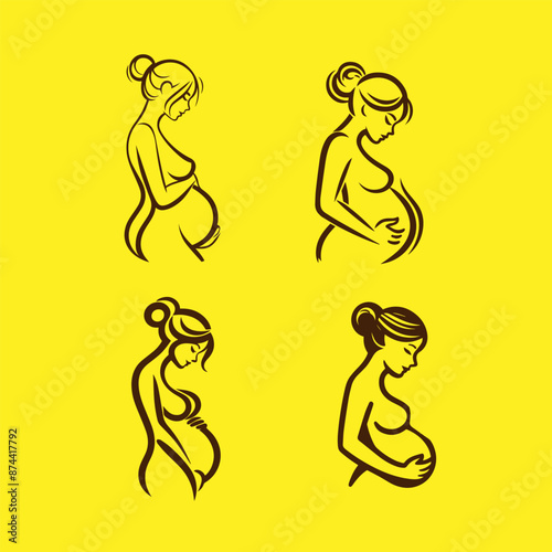 Pregnant woman in linear style icon logo on a yellow background. Vector illustration.
