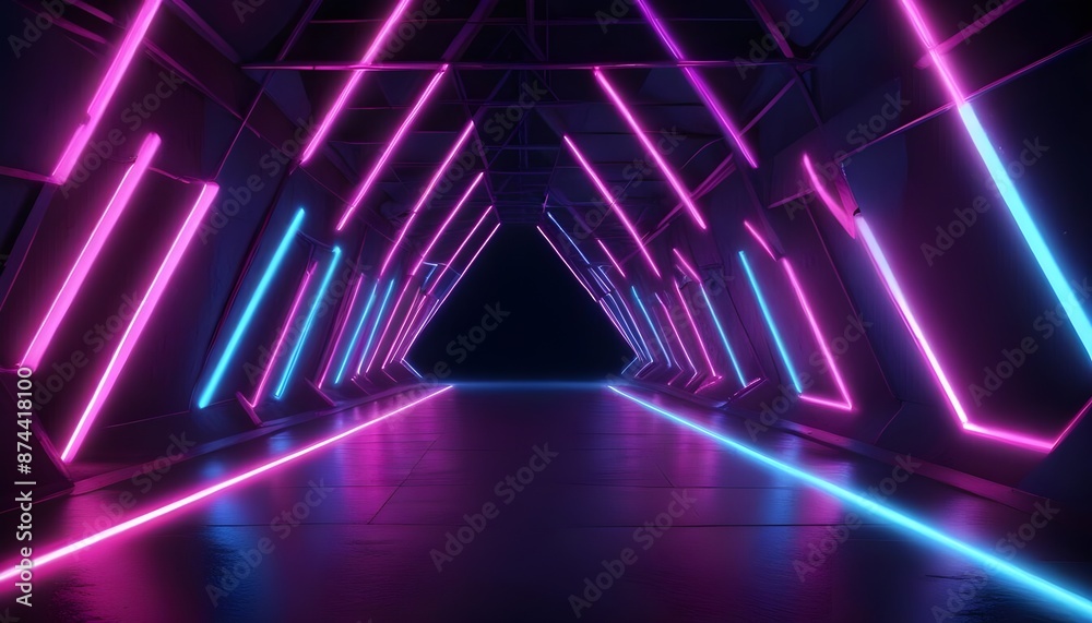 Fototapeta premium Pink and blue neon lights abstract background with triangles and street tunnel theme