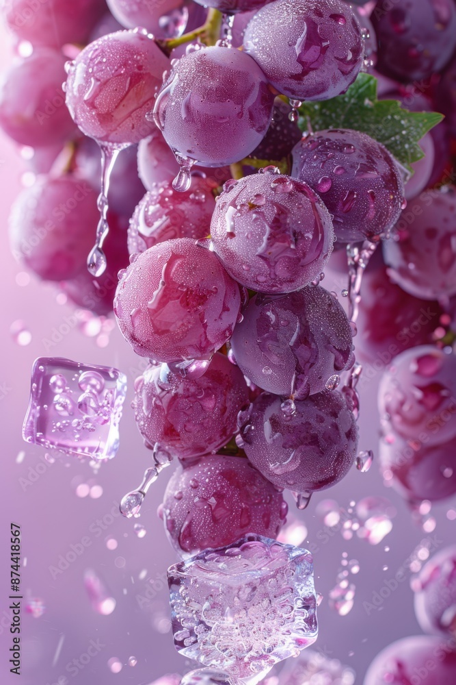 Plump purple grapes covered in water droplets, surrounded by floating ice cubes, set against a purple gradient background.