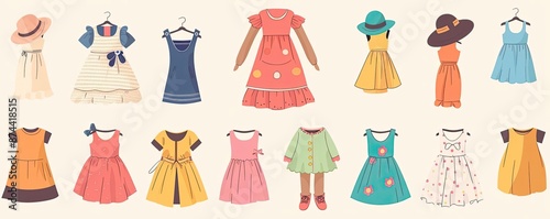 Illustration of various colorful children's dresses and hats in different styles, perfect for fashion and kids' wear-themed projects. photo