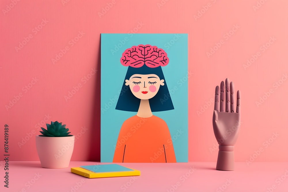 Woman with Brain Illustration on Pink Background with Minimalist Decor Woman with Brain Illustration on Pink Background with Minimalist Decor