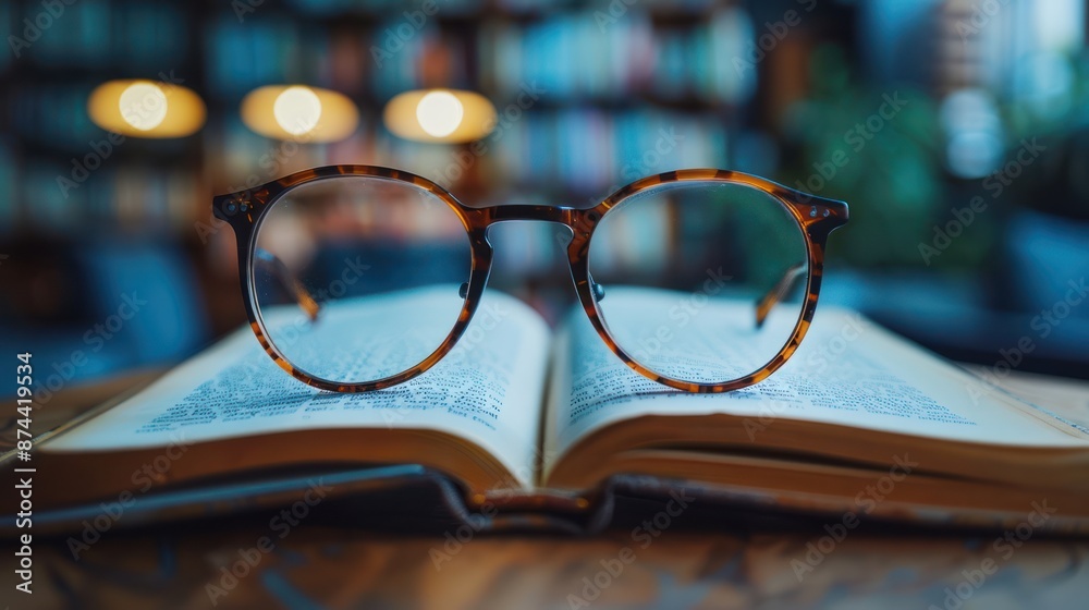 Focus and Concentration: Brown Glasses on Open Book with Text Focus and Concentration: Brown Glasses on Open Book with Text