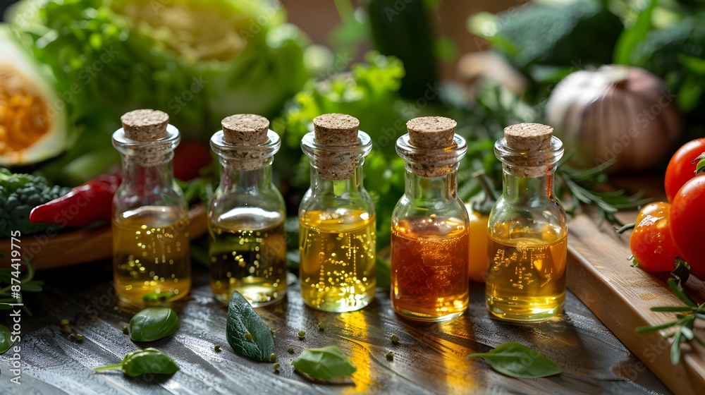 Aromatic Herb Oils and Fresh Vegetables on Wooden Board Aromatic Herb Oils and Fresh Vegetables on Wooden Board