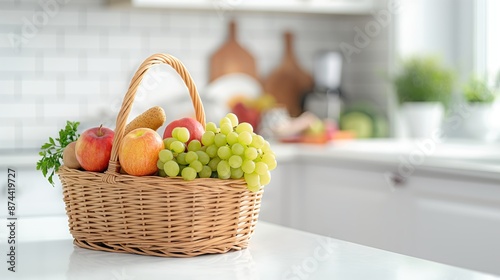Fototapeta Naklejka Na Ścianę i Meble -  Basket of Healthy Food in a Bright Modern Kitchen