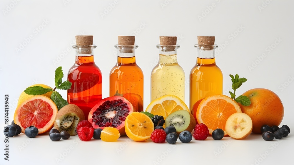 Assorted Organic Fruit Juices and Infusions in Glass Bottles on White Background Assorted Organic Fruit Juices and Infusions in Glass Bottles on White Background