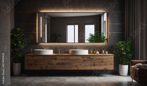 Spacious bathroom with wooden cabinetry and large mirror