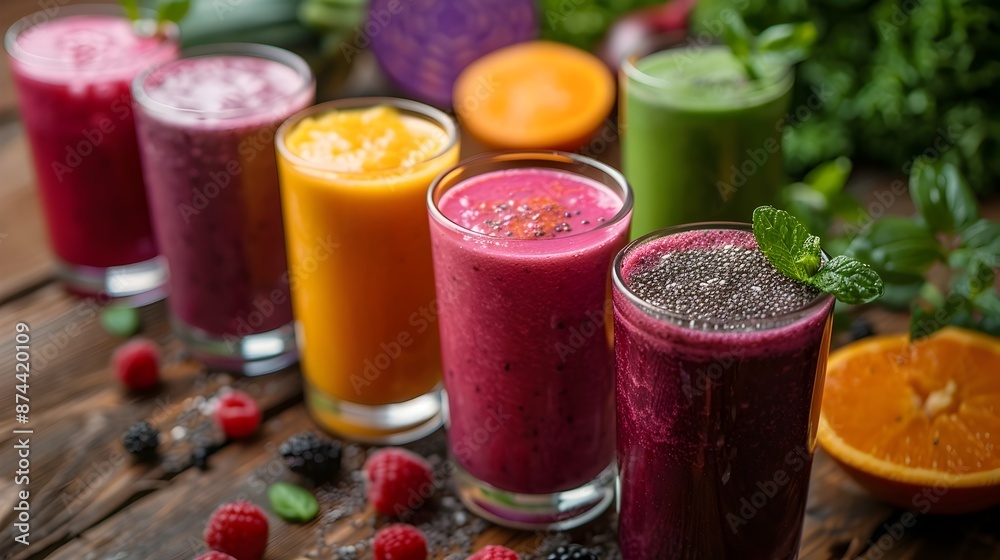Assortment of Fresh Fruit Smoothies and Juices in Glasses on Wooden Table