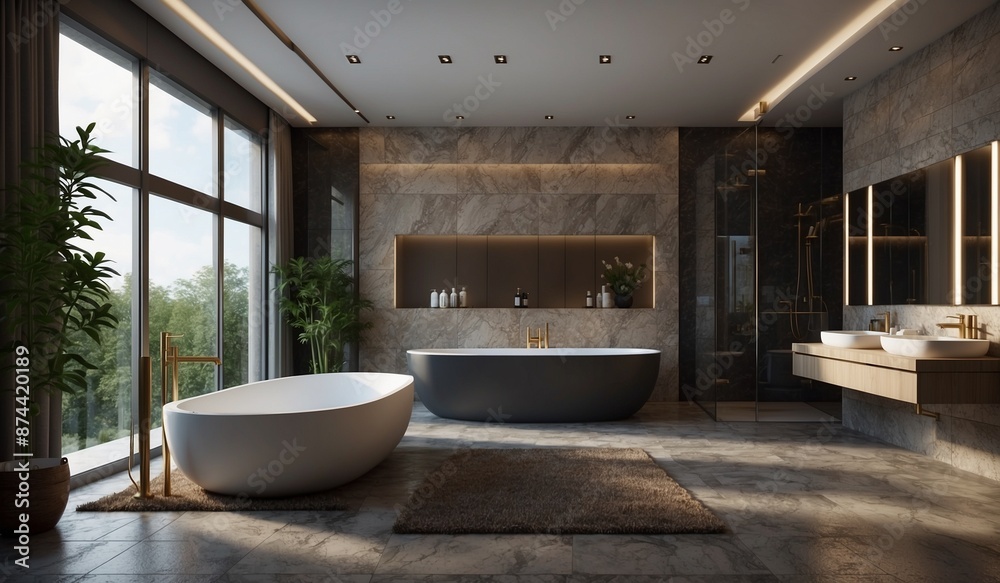 Modern bathroom with open views, sleek bathtub and decor lighting Modern bathroom with open views, sleek bathtub and decor lighting