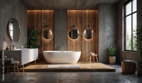 Rustic bathroom with wooden panels and round mirrors photo