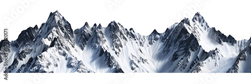 The horizontal landscape of white tall majestic mountain peaks ranges cut out, isolated, transparent background - PNG.